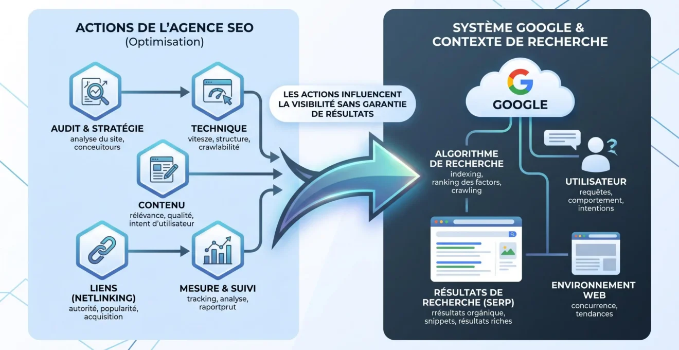 Schéma des actions contrôlables par une agence SEO face au classement décidé par Google