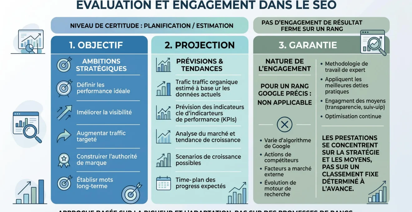 Schéma distinguant objectif SEO, projection de progression et garantie de première position