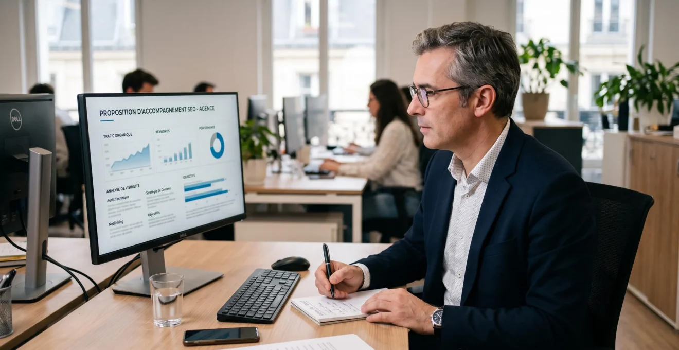 Dirigeant examinant une proposition d’agence SEO et des indicateurs de visibilité Google